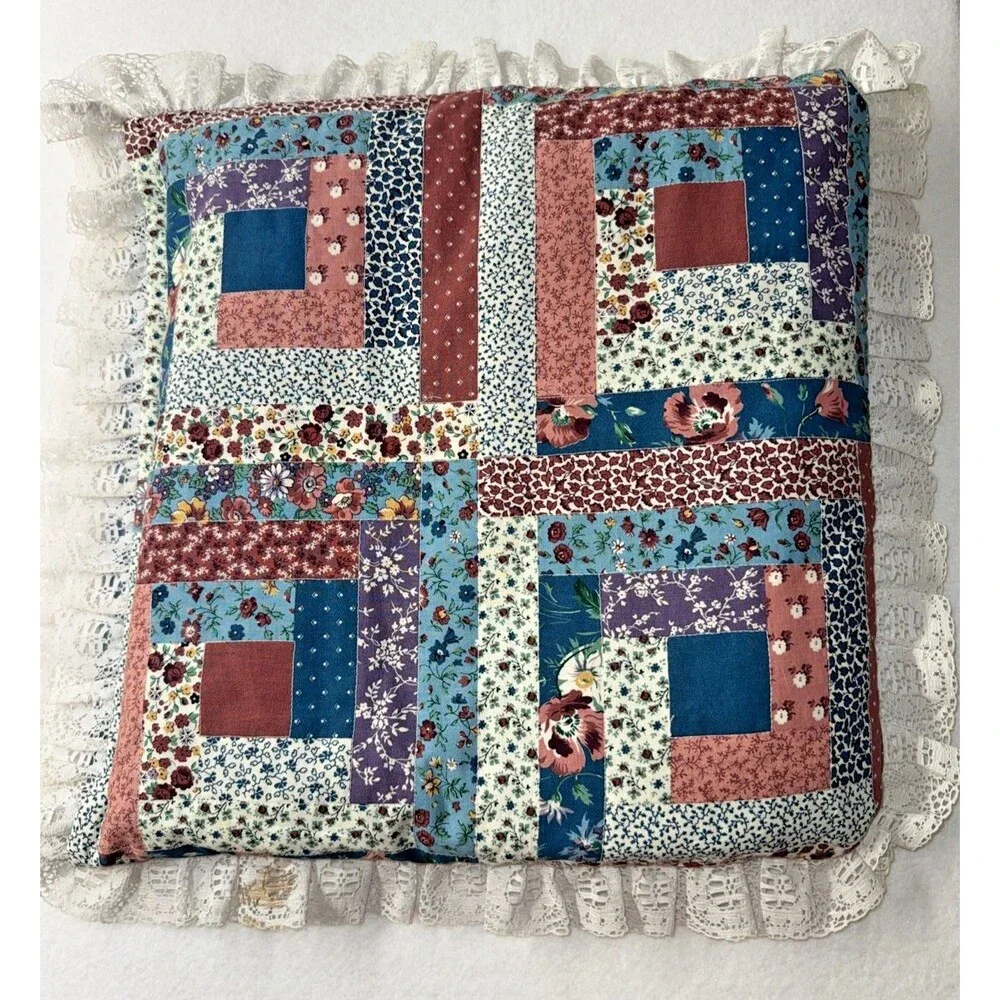 Handmade Log Cabin Quilt Pillow Convertible Throw Blanket Lace Trim 42x67